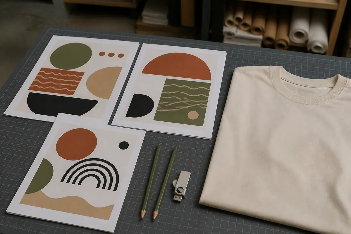 Muestra de arte listo para estampar, junto a una camiseta lisa