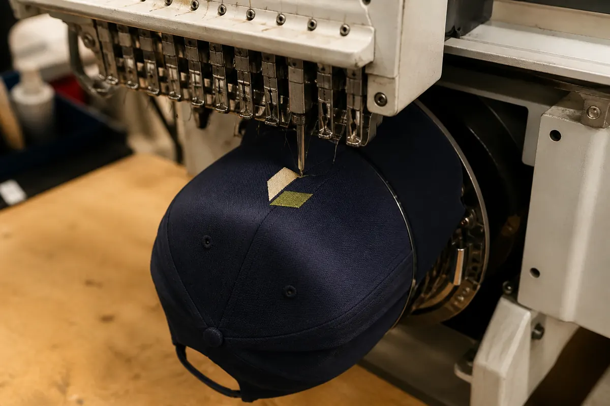 Muestra de bordado industrial sobre una gorra